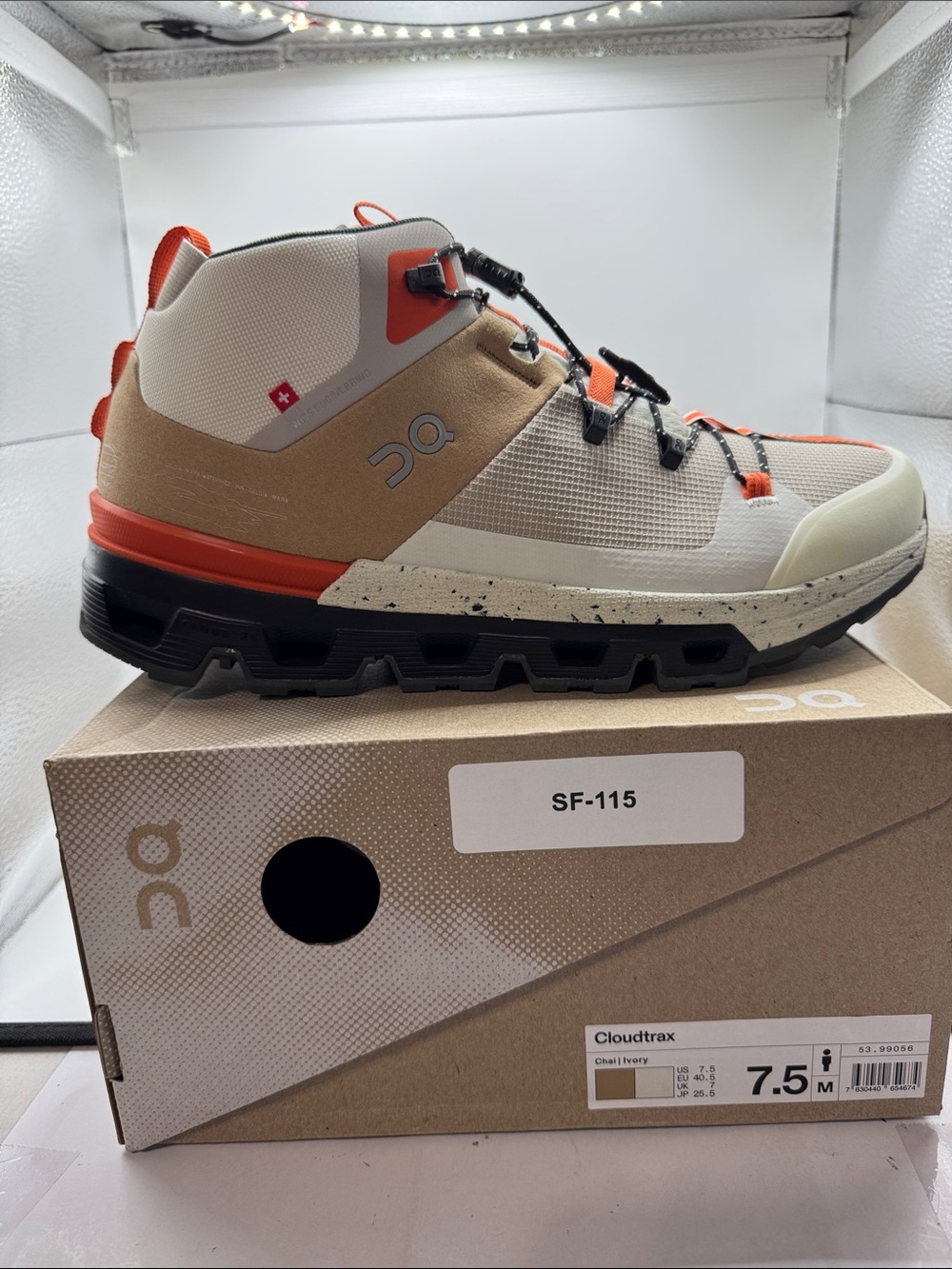 On Cloudtrax Mid-Top Hiking Sneaker in Chalk/Ivory with Orange Accents
